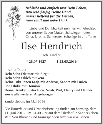 Traueranzeige von Ilse Hendrich von Wochenspiegel Mansfelder Land