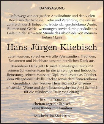 Traueranzeige von Hans-Jürgen Kliebisch von Mitteldeutsche Zeitung Merseburg/Querfurt