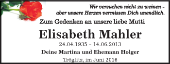 Traueranzeige von Elisabeth Mahler von Mitteldeutsche Zeitung Zeitz