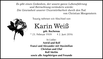 Traueranzeige von Karin Weiß von Mitteldeutsche Zeitung Halle/Saalkreis
