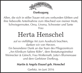 Traueranzeige von Herta Henschel von Super Sonntag Bernburg