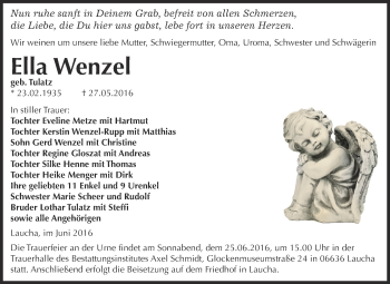 Traueranzeige von Ella Wenzel von WVG - Wochenspiegel NMB / WSF / ZTZ