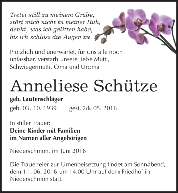 Traueranzeige von Anneliese Schütze von Mitteldeutsche Zeitung Merseburg/Querfurt