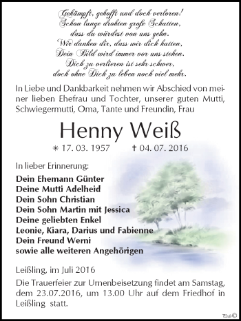 Traueranzeige von Henny Weiß von WVG - Wochenspiegel NMB / WSF / ZTZ