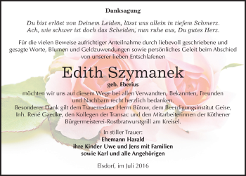 Traueranzeige von Edith Szymanek von Mitteldeutsche Zeitung Köthen
