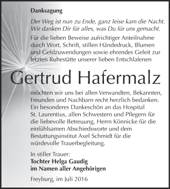 Traueranzeige von Gertrud Hafermalz von WVG - Wochenspiegel NMB / WSF / ZTZ