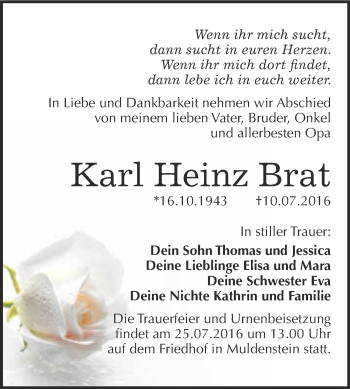 Traueranzeige von Karl Heinz Brat von WVG - Wochenspiegel Bitterfeld