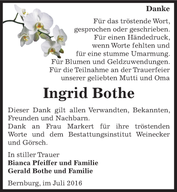 Traueranzeige von Ingrid Bothe von Mitteldeutsche Zeitung Bernburg