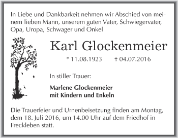 Traueranzeige von Karl Glockenmeier von Wochenspiegel Mansfelder Land