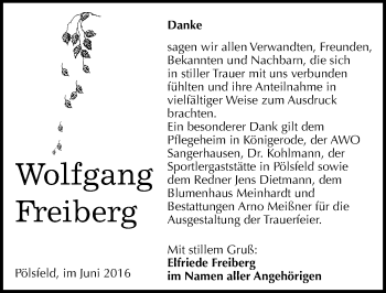 Traueranzeige von Wolfgang Freiberg von Mitteldeutsche Zeitung Sangerhausen