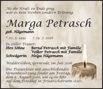 Traueranzeige von Marga Petrasch von Mitteldeutsche Zeitung Quedlinburg