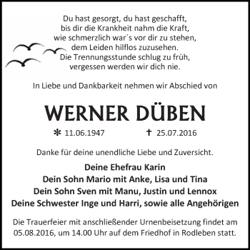 Traueranzeige von Werner Düben von WVG - Wochenspiegel Dessau / Köthen