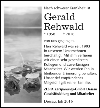 Traueranzeige von Gerald Rehwald von Mitteldeutsche Zeitung Dessau-Roßlau