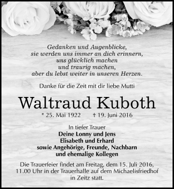 Traueranzeige von Waltraud Kuboth von Mitteldeutsche Zeitung Zeitz