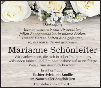 Traueranzeige von Marianne Schönleiter von Mitteldeutsche Zeitung Merseburg/Querfurt