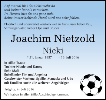 Traueranzeige von Joachim Nietzold von Super Sonntag Zeitz