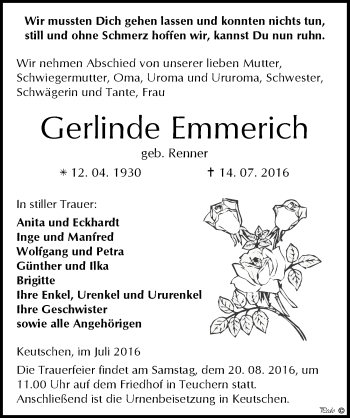 Traueranzeige von Gerlinde Emmerich von Mitteldeutsche Zeitung Weißenfels