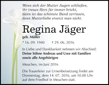 Traueranzeige von Regina Jäger von WVG - Wochenspiegel NMB / WSF / ZTZ
