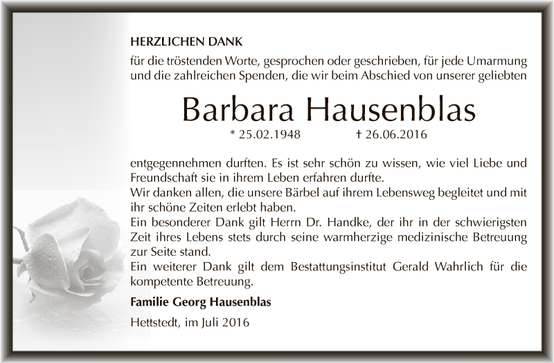  Traueranzeige für Barbara Hausenblas vom 16.07.2016 aus Super Sonntag SGH Mansf. Land