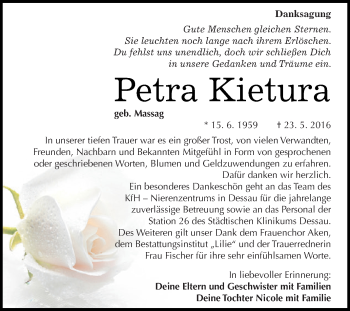 Traueranzeige von Petra Kietura von WVG - Wochenspiegel Dessau / Köthen
