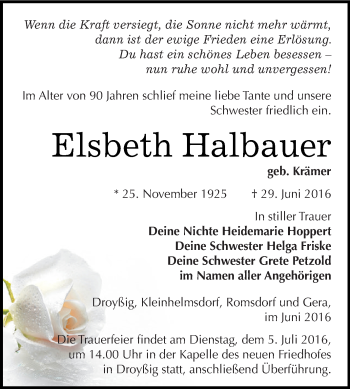 Traueranzeige von Elsbeth Halbauer von Super Sonntag Zeitz