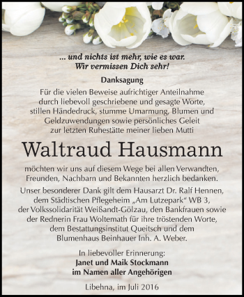 Traueranzeige von Waltraud Hausmann von WVG - Wochenspiegel Dessau / Köthen