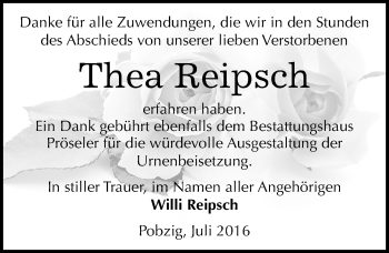 Traueranzeige von Thea Reipsch von Mitteldeutsche Zeitung Bernburg