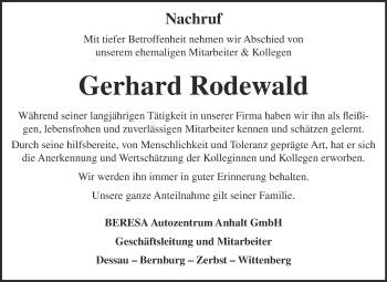Traueranzeige von Gerhard Rodewald von WVG - Wochenspiegel Dessau / Köthen