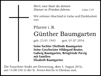 Traueranzeige von Günther Baumgarten von Mitteldeutsche Zeitung Halle/Saalkreis