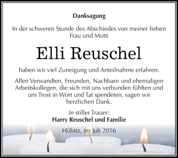 Traueranzeige von Elli Reuschel von Wochenspiegel Mansfelder Land