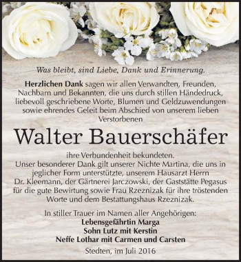 Traueranzeige von Walter Bauerschäfer von Mitteldeutsche Zeitung Mansfelder Land