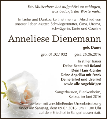 Traueranzeige von Anneliese Dienemann von WVG - Wochenspiegel SGH