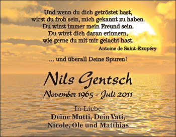 Traueranzeige von Nils Gentsch von Super Sonntag Zeitz