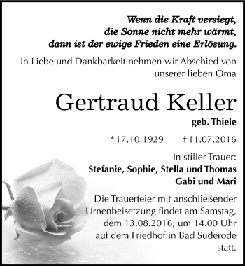 Traueranzeige von Gertraud Keller von Mitteldeutsche Zeitung Quedlinburg