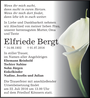 Traueranzeige von Elfriede Bergt von Mitteldeutsche Zeitung Bernburg