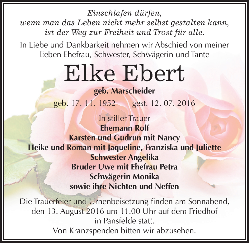  Traueranzeige für Elke Ebert vom 16.07.2016 aus Mitteldeutsche Zeitung Quedlinburg