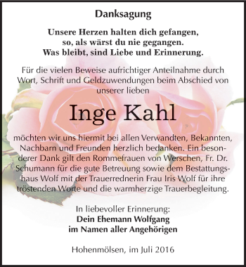 Traueranzeige von Inge Kahl von Mitteldeutsche Zeitung Weißenfels