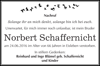 Traueranzeige von Norbert Schaffernicht von Super Sonntag SGH Mansf. Land