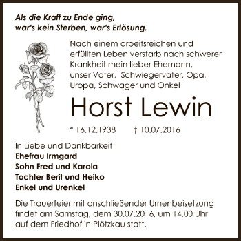 Traueranzeige von Horst Lewin von Super Sonntag Bernburg