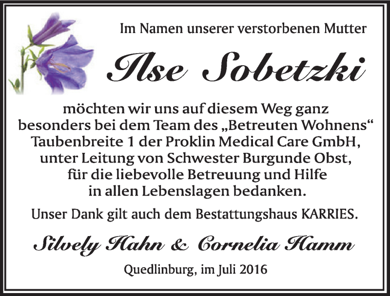  Traueranzeige für Ilse Sobetzki vom 09.07.2016 aus Mitteldeutsche Zeitung Quedlinburg