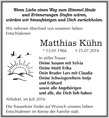 Traueranzeige von Matthias Kühn von Mitteldeutsche Zeitung Mansfelder Land