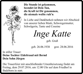 Traueranzeige von Inge Katte von Super Sonntag Quedlinburg