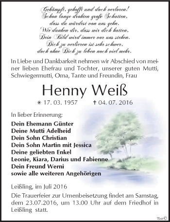 Traueranzeige von Henny Weiß von Mitteldeutsche Zeitung Weißenfels