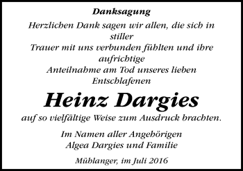 Traueranzeige von Heinz Dargies von Mitteldeutsche Zeitung Wittenberg
