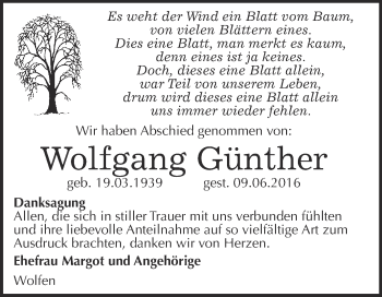Traueranzeige von Wolfgang Günther von WVG - Wochenspiegel Bitterfeld