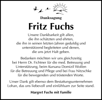 Traueranzeige von Fritz Fuchs von Mitteldeutsche Zeitung Bitterfeld