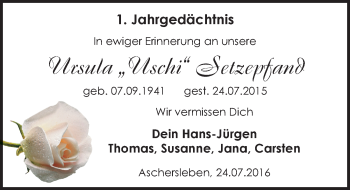Traueranzeige von Ursula Setzepfand von Mitteldeutsche Zeitung Aschersleben