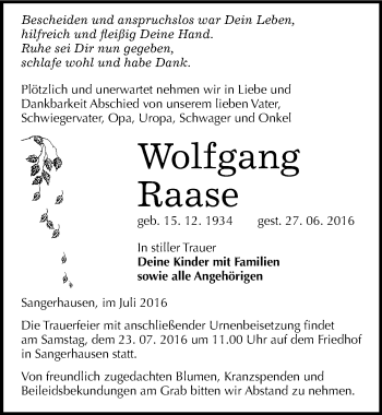 Traueranzeige von Wolfgang Raase von Mitteldeutsche Zeitung Sangerhausen