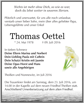 Traueranzeige von Thomas Oettel von Super Sonntag Zeitz