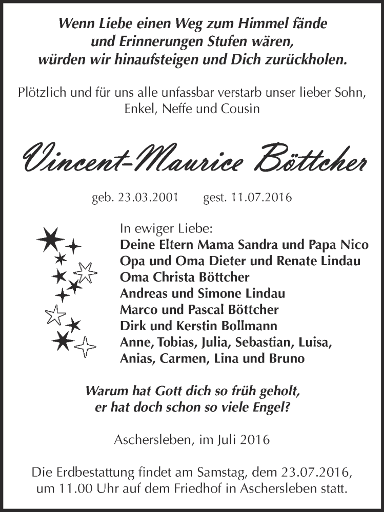  Traueranzeige für Vincent-Maurice Böttcher vom 20.07.2016 aus Super Sonntag Aschersleben